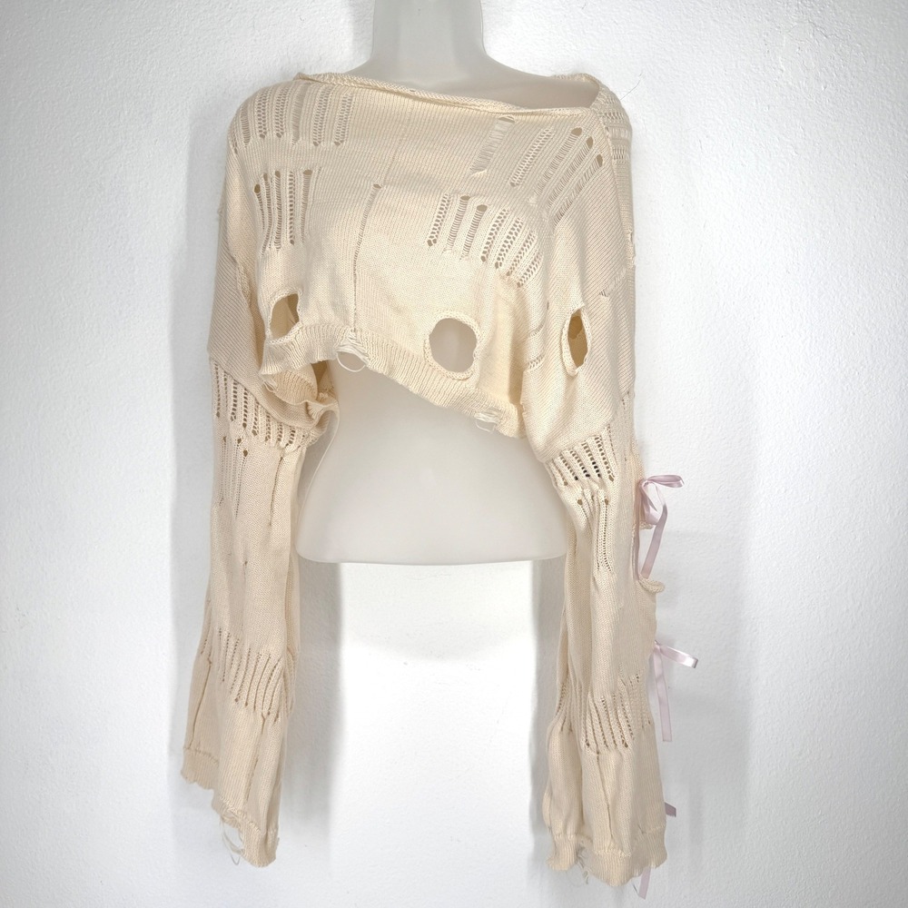 Romwe Womens Cream Distressed Knit Shrug Bolero Bows Cropped Size 4xl Coquette